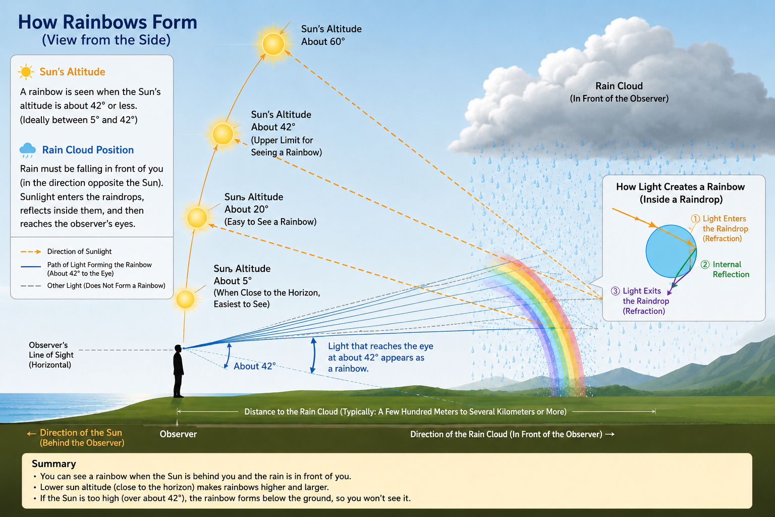Diagram showing how rainbows form: sun angle, raindrop reflection, and observer position