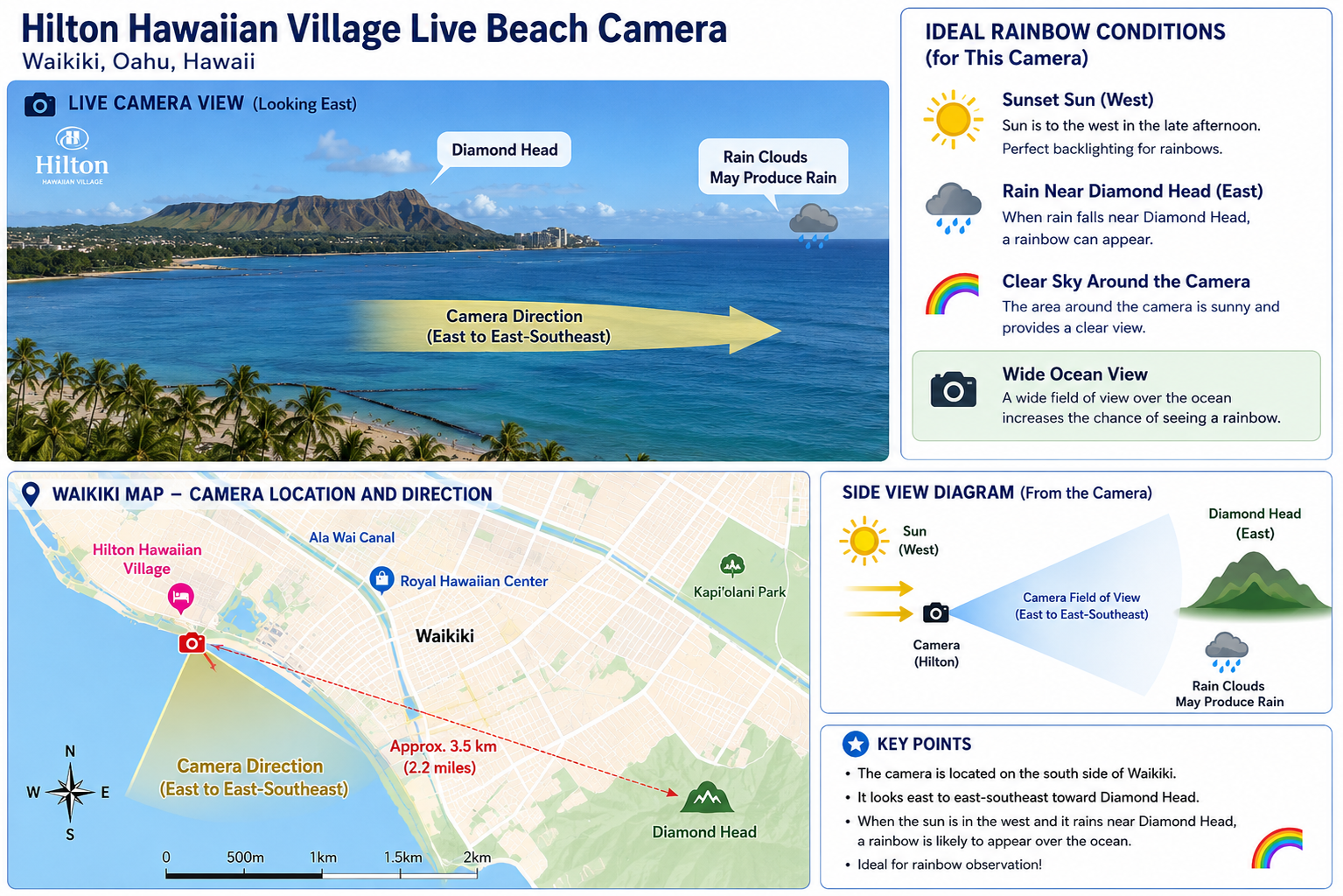 Waikiki Beach live cam view — facing east toward Diamond Head
