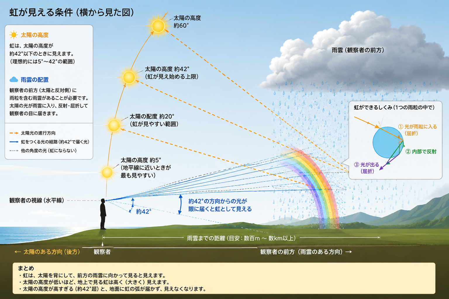 虹が見える条件の図解：太陽の高さ・雨粒の屈折・観察者の位置